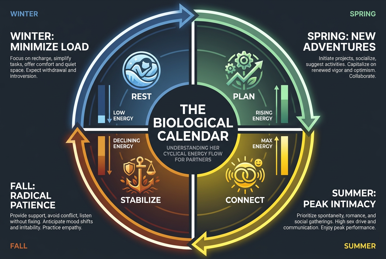 A circular infographic showing the four seasons of the menstrual cycle - Winter, Spring, Summer, and Fall - with energy level bars and partner focus areas.