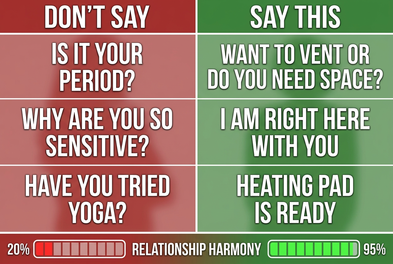 A comparison chart titled ’Say This, Not That’ showing better ways for boyfriends to communicate during difficult hormonal phases of the cycle.