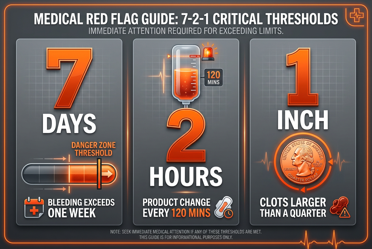 Medical infographic explaining the 7-2-1 rule: 7 days of bleeding, 2-hour product changes, or 1-inch clots require medical consultation.