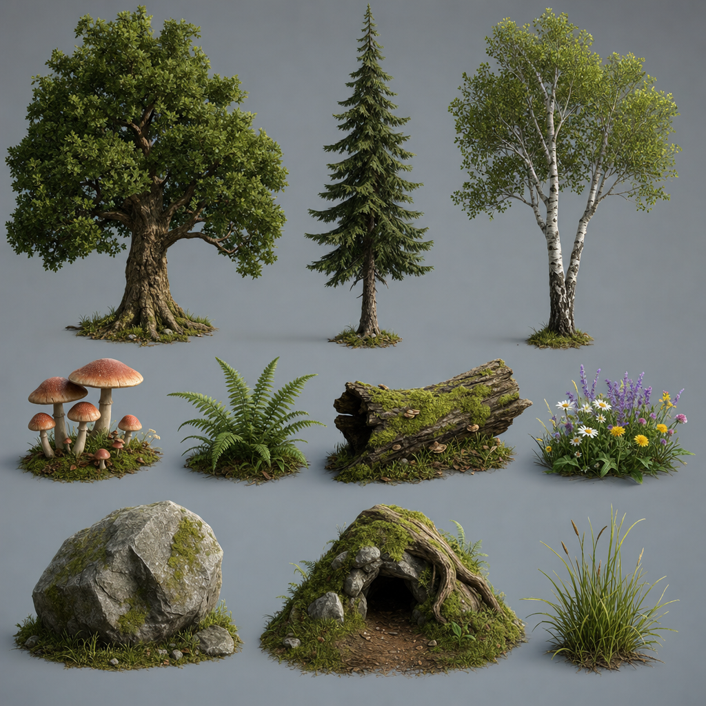 Forest biome assets: oak tree, pine
