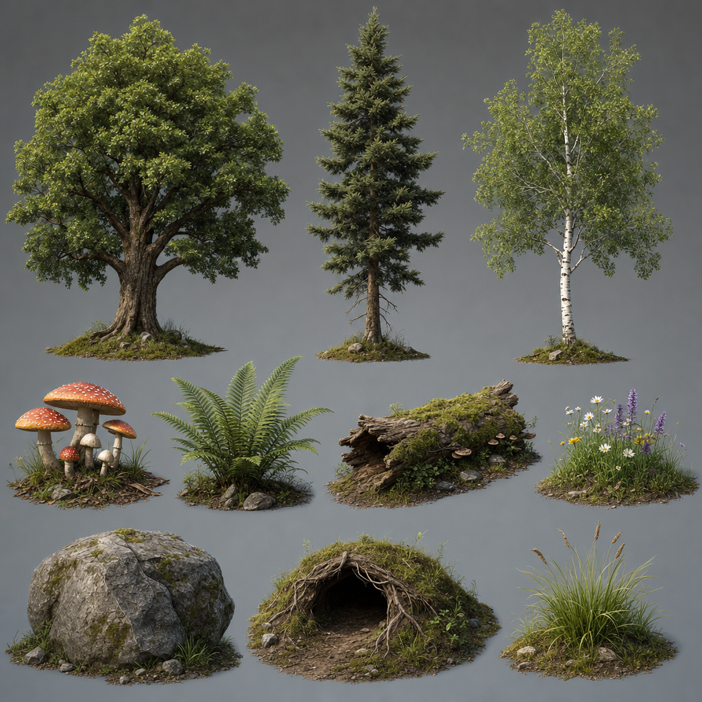 Forest biome assets: oak tree, pine (2)