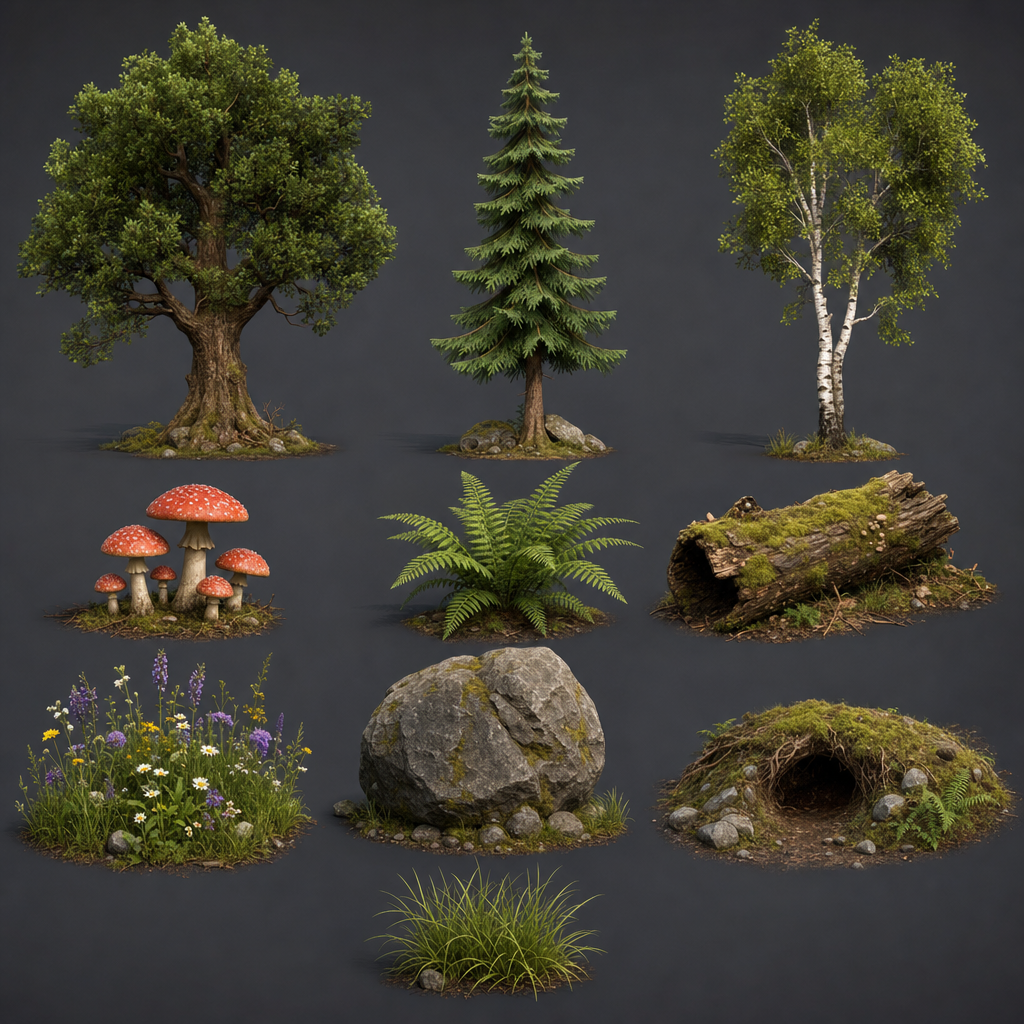 Forest biome assets: oak tree, pine (4)