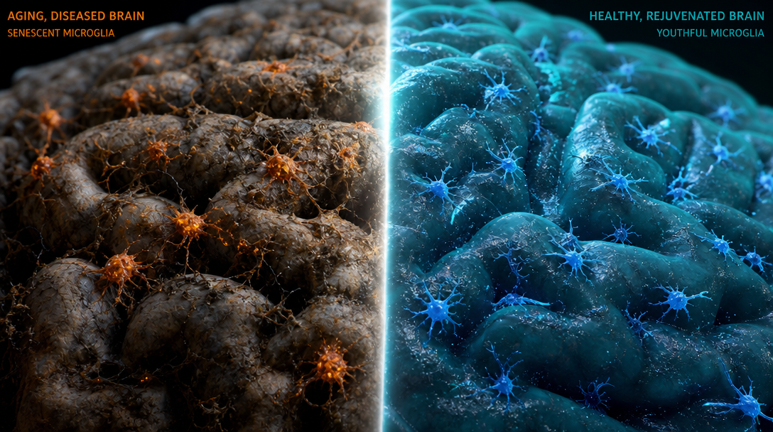Tissu cérébral âgé vs rajeuni — microglies sénescentes