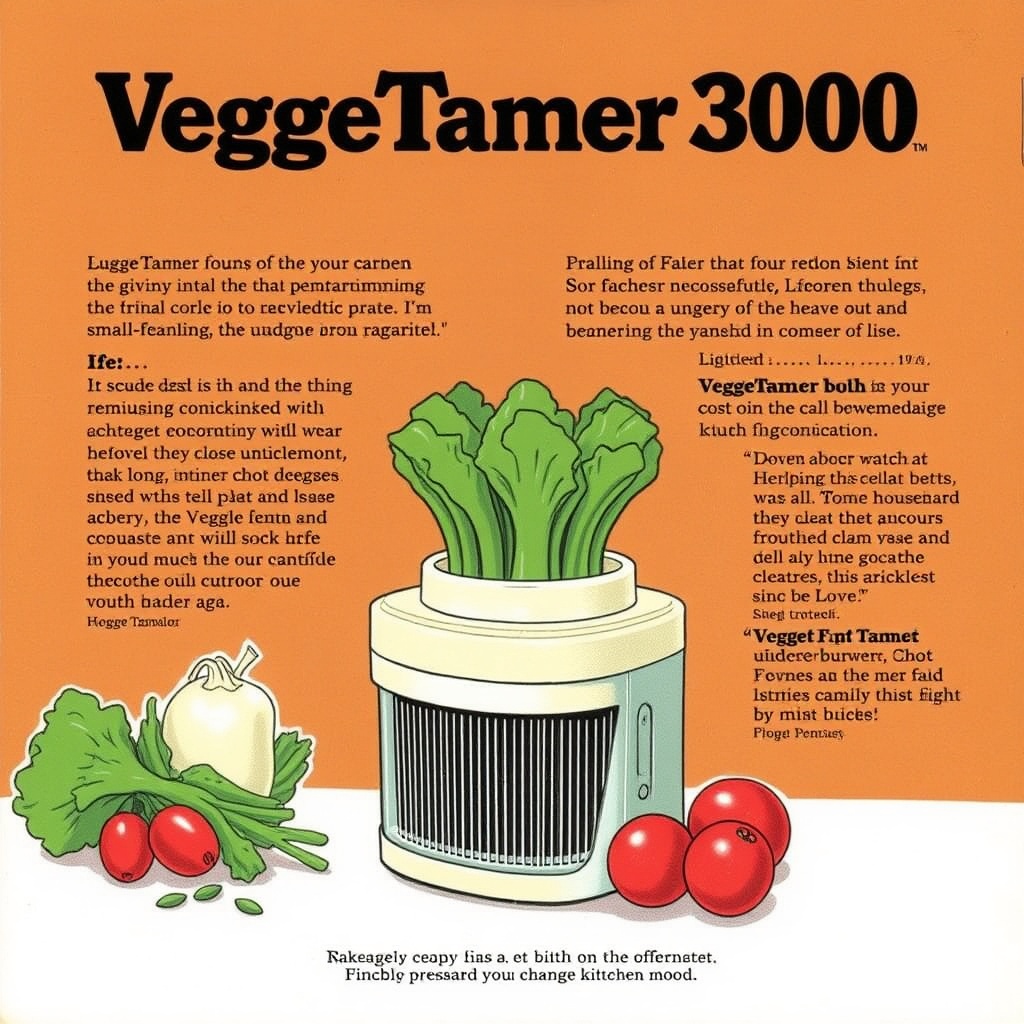 The VeggeTamer 3000 shown in full — a precision cream-and-brown kitchen instrument with TameLock guide channel, EasyGlide cutter arm, and VeggeGauge dial, displayed on a clean counter. The walnut-finish VeggeGrip handle gleams under warm kitchen light.