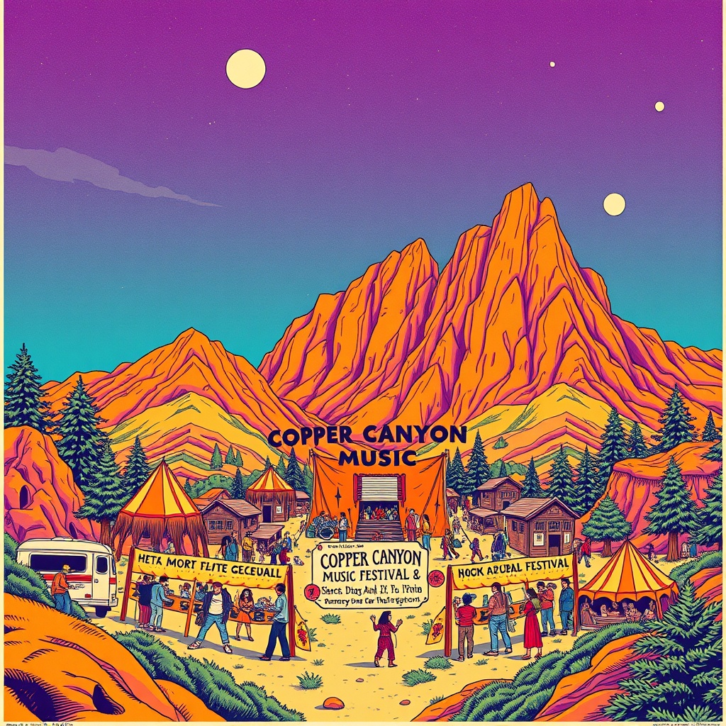 Wide establishing illustration of the Copper Canyon Music Festival — swirling hot orange and electric purple psychedelic colors wash over a sun-drenched Northern California meadow, stages rising from the canyon floor, thousands of music lovers streaming down from the pine-covered hills toward the sound