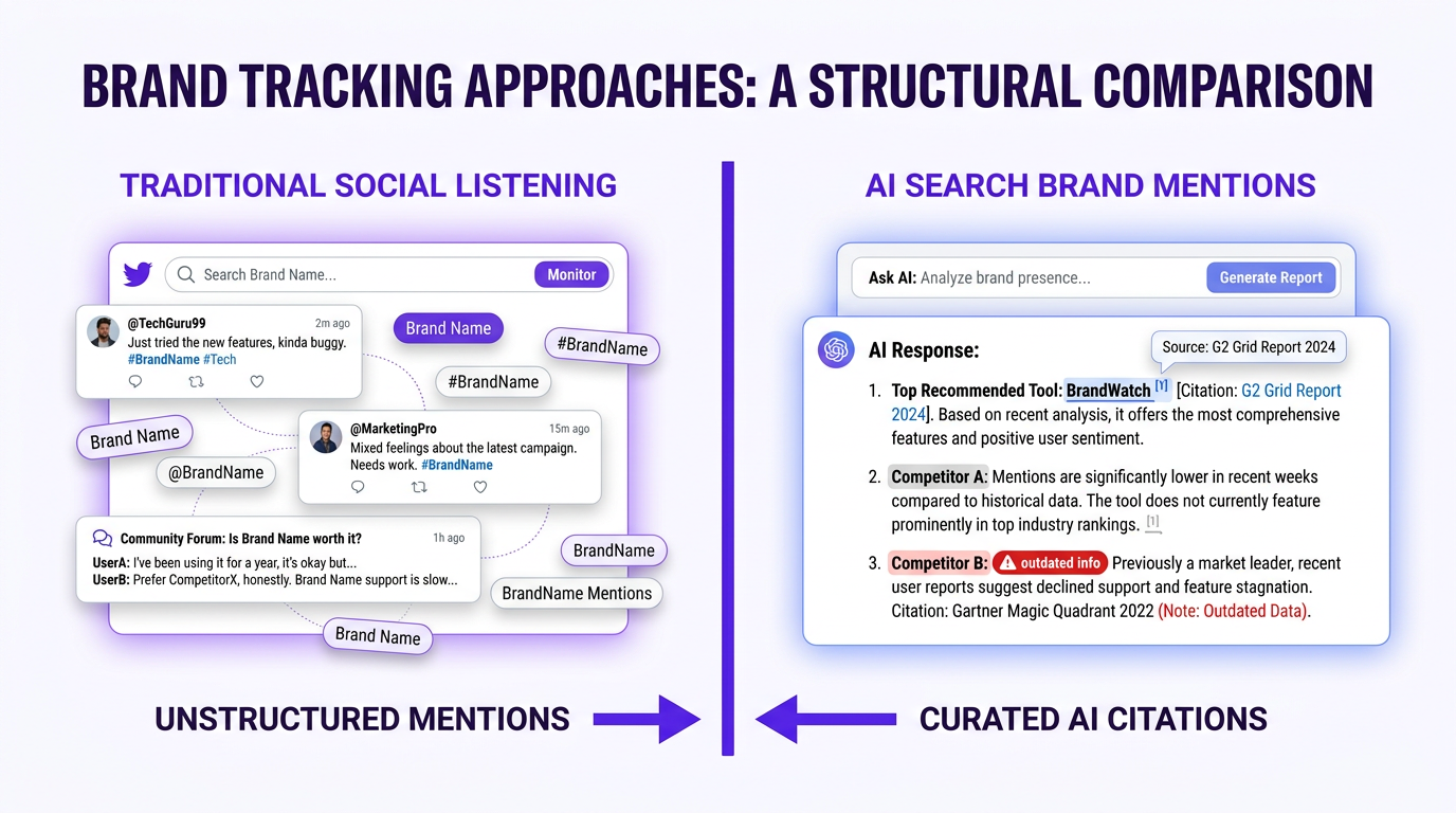 comparison of traditional social listening versus AI search brand mention tracking
