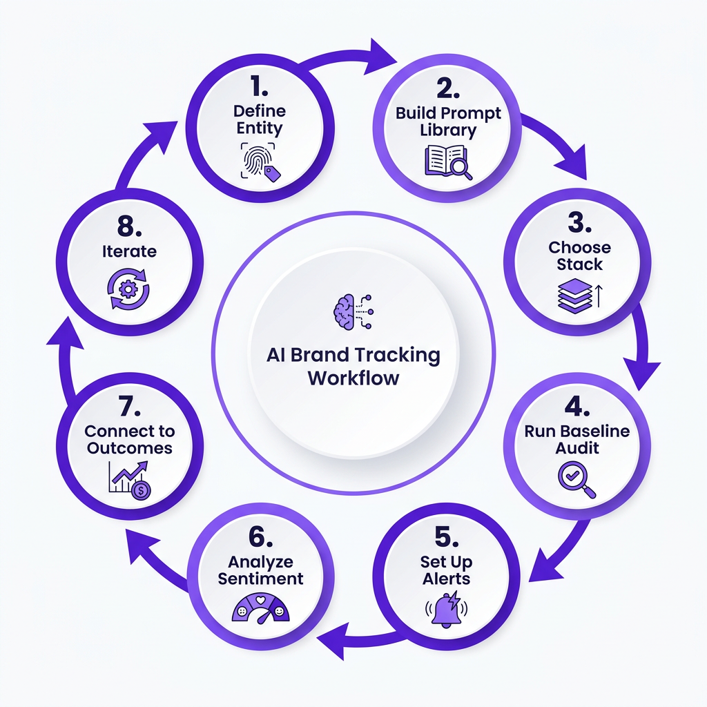 8-step workflow diagram for tracking brand mentions in AI search