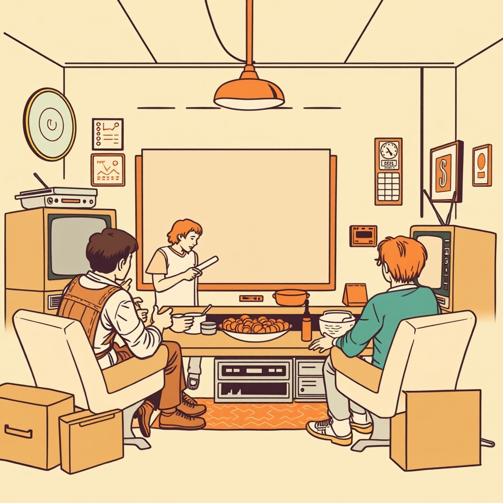Illustration of a small community access television studio at evening, warm light through the control room window