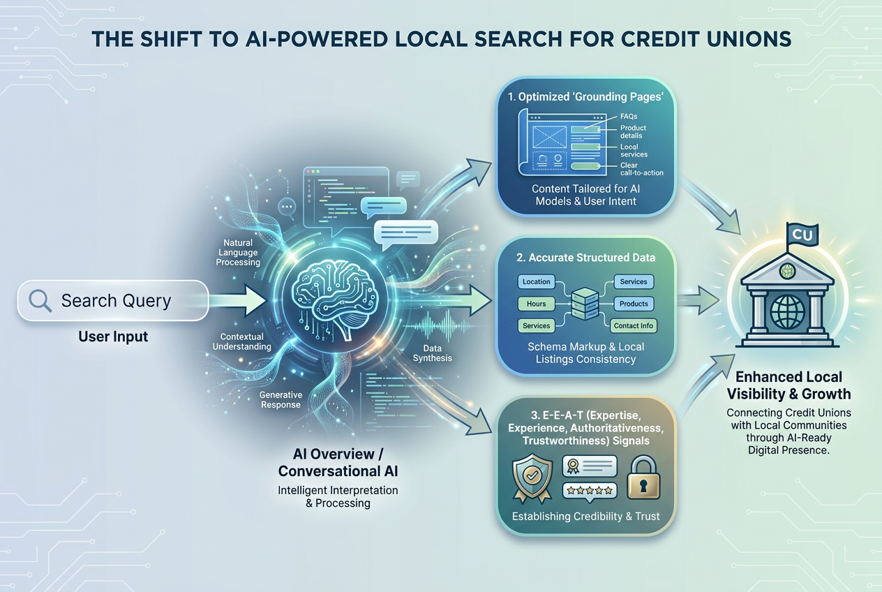 Infographic showing how AI Overviews and conversational AI impact local search for credit unions, emphasizing grounding pages, structured data, and E-E-A-T for better visibility.