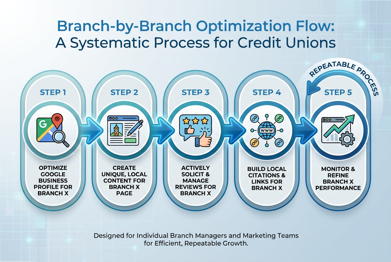 Flowchart depicting a systematic branch-by-branch SEO optimization process for credit unions, covering GBP, local content, reviews, citations, and performance monitoring.