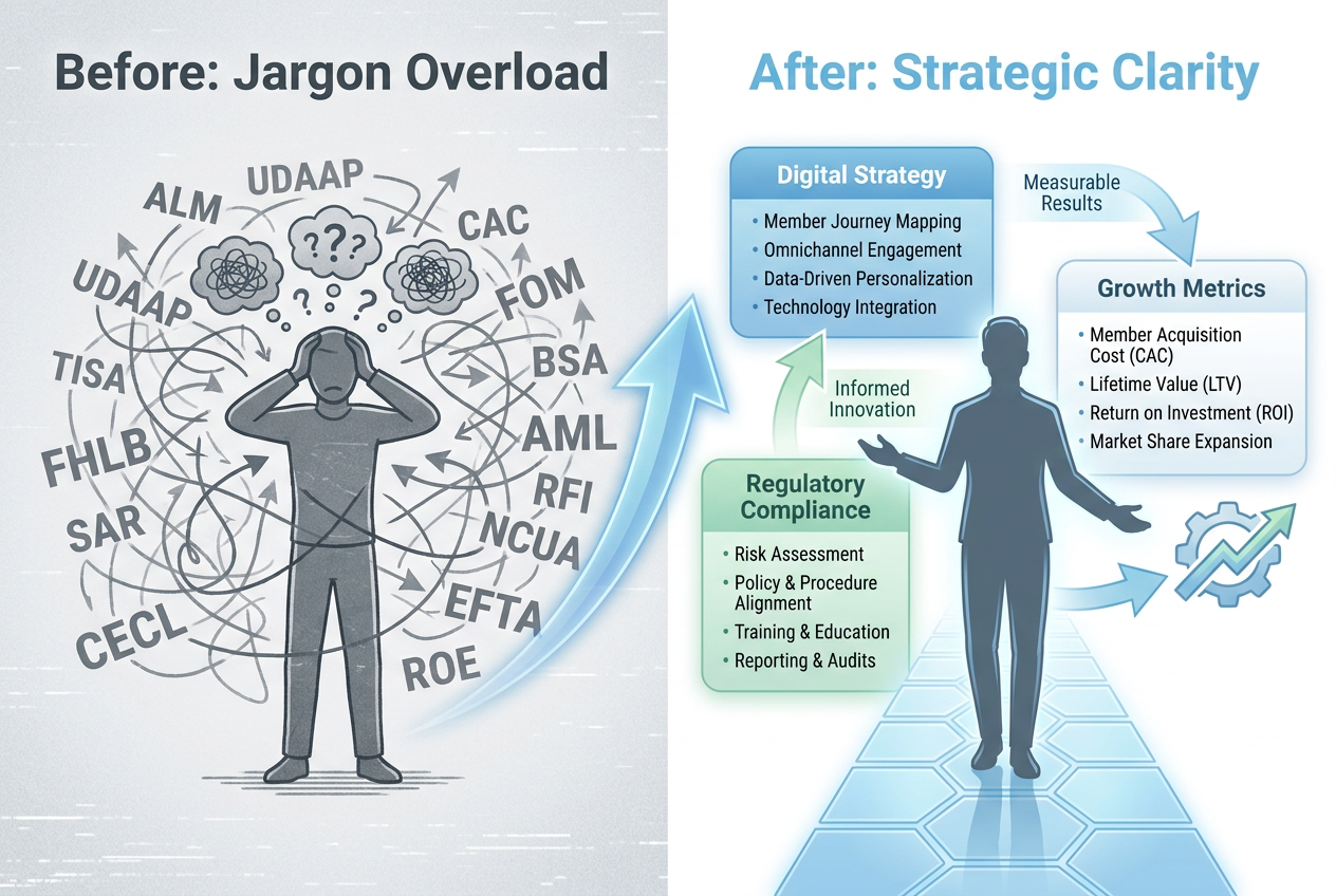 Visual showing a credit union marketer transitioning from jargon overload (confused words) to strategic clarity (organized categories).