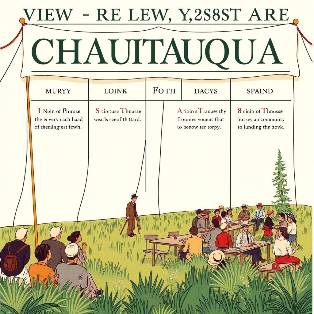 The brown Chautauqua tent rising over Kansas prairie at dusk, lanterns lit, families approaching with folding chairs.