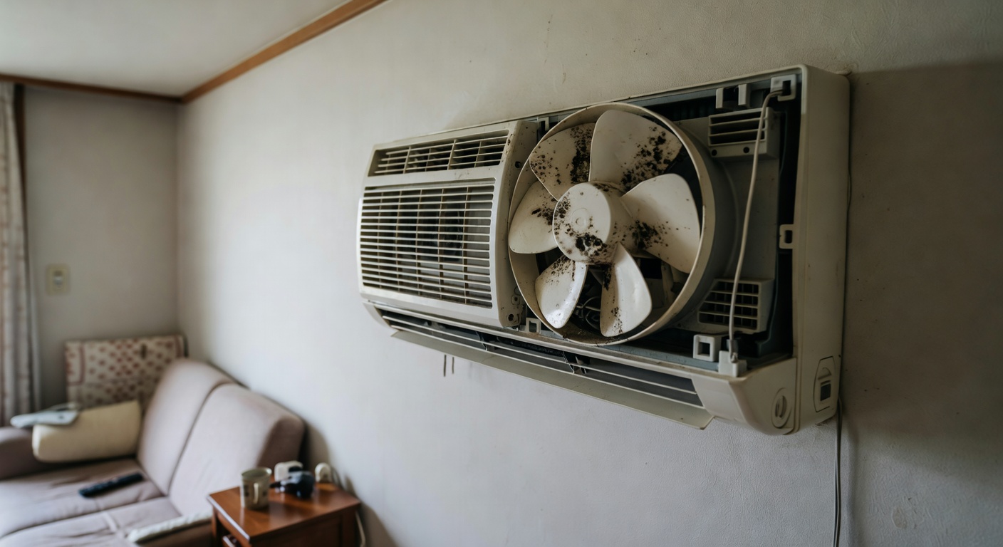 air conditioner interior with visible black mold on the fan blades, taken in a residential room