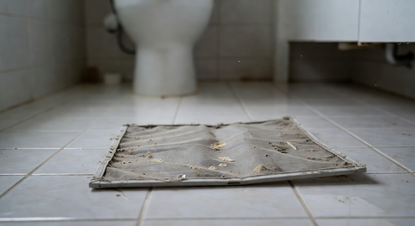 close-up of a dusty air conditioner filter removed and placed on a bathroom tile floor
