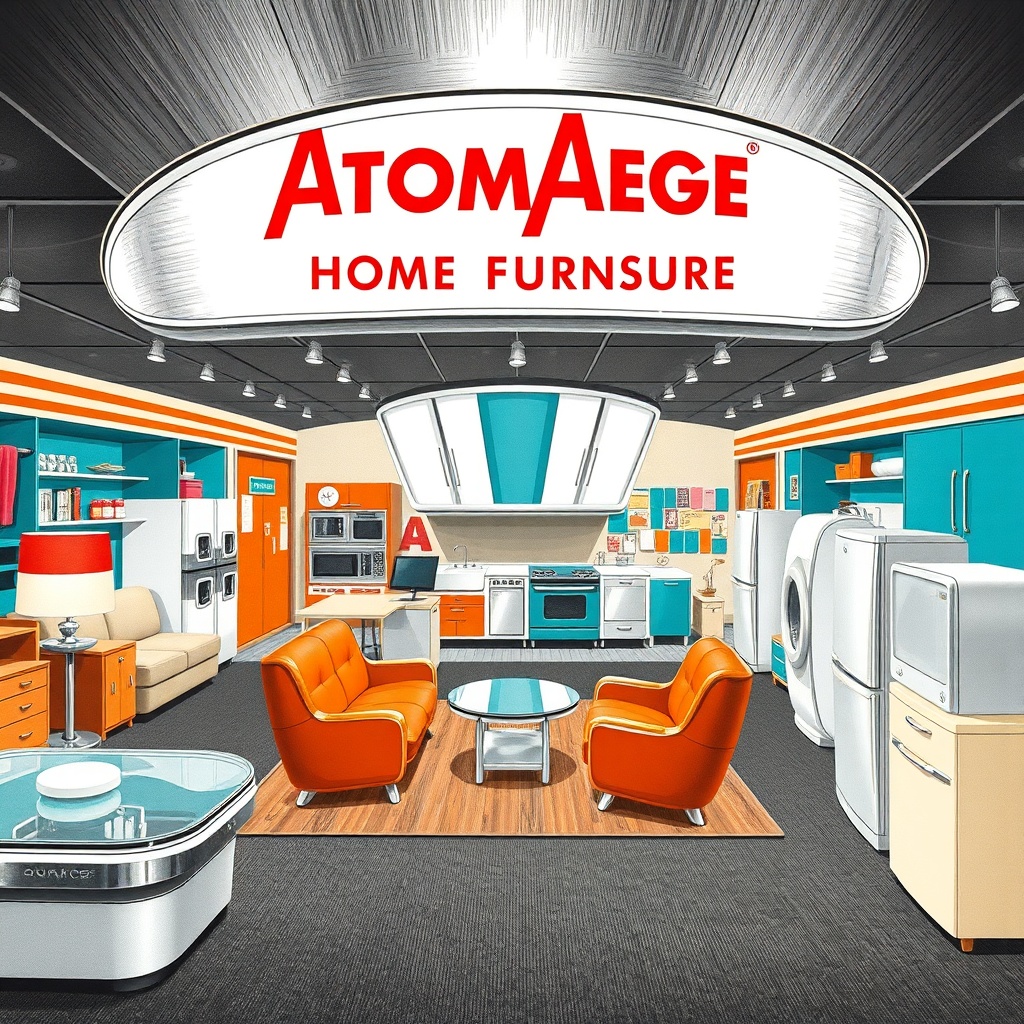 Wide view of the AtomAge Home Furnishings showroom floor, Kansas City, 1960 — chromium fixtures, turquoise laminate, boomerang-pattern carpeting, model rooms under bright daylight bulbs.