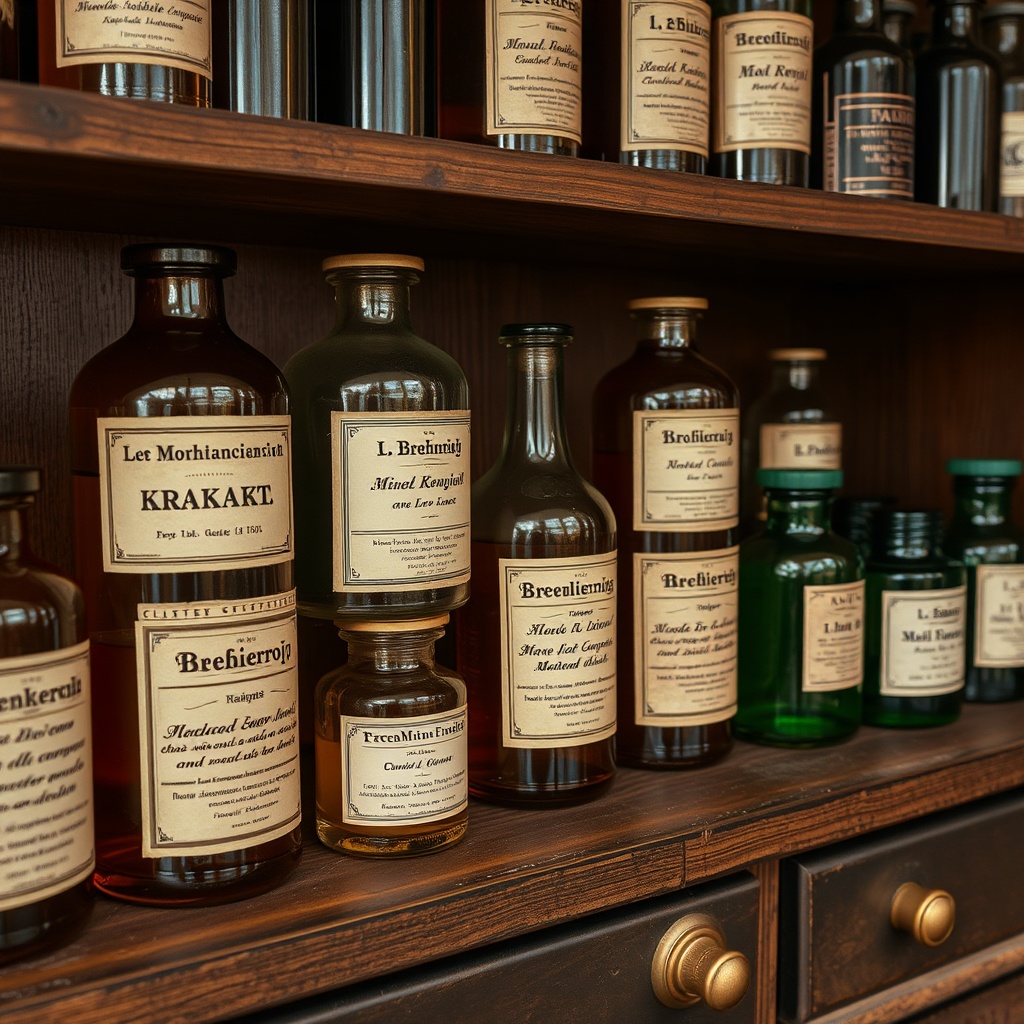 Detail einer Apothekertheke: amberfarbene Glasflaschen mit handgeschriebenen Etiketten, eine Messingwaage, ein Mörser aus Porzellan.