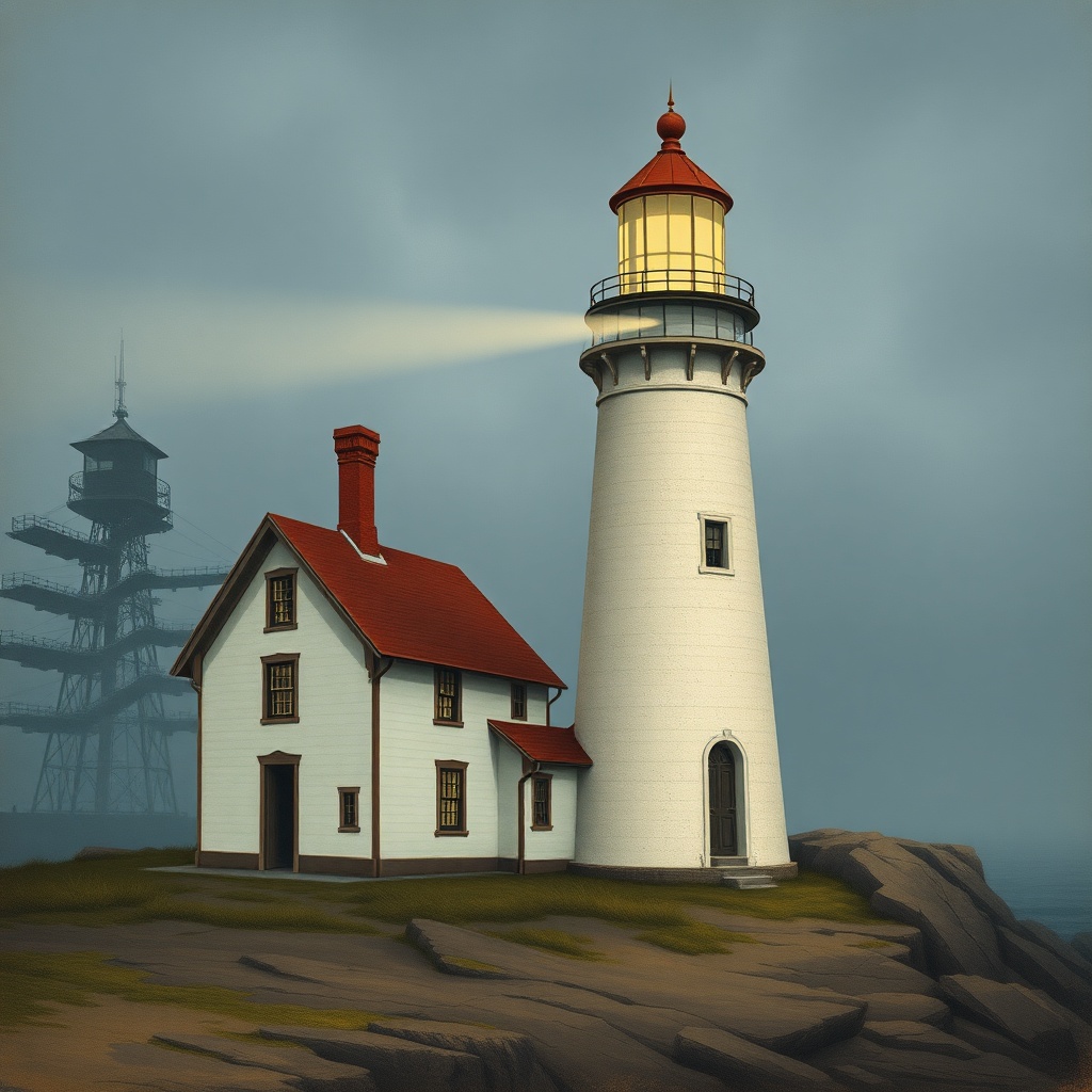 Beacon Point Light Station, viewed from the cliff approach, fog rolling in from the southwest.
