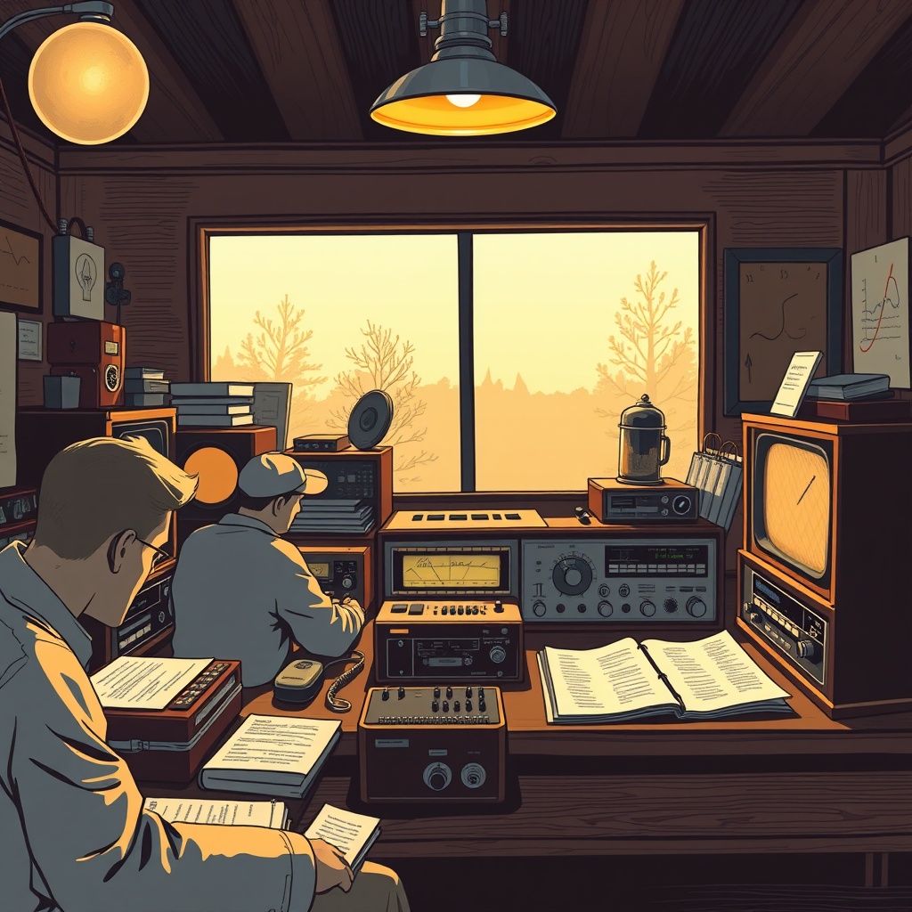 A 1950s amateur radio operator's workshop bench, warm amber tube glow falling across handwritten logbooks, brushed-chrome chassis, and a row of variable capacitors. Map of the world pinned to the wall behind.