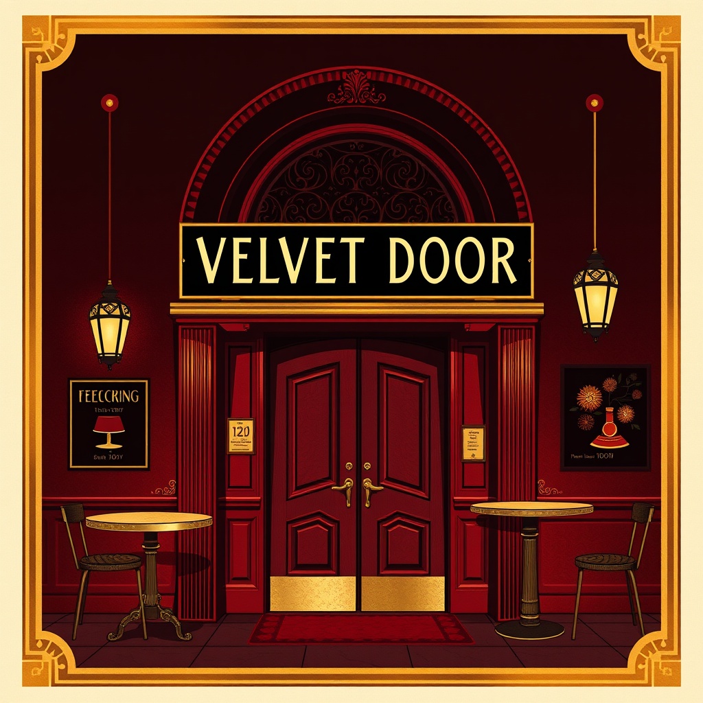 A dim basement room with brass lamps, a small bandstand, and crowded tables — the Velvet Door at 11pm.