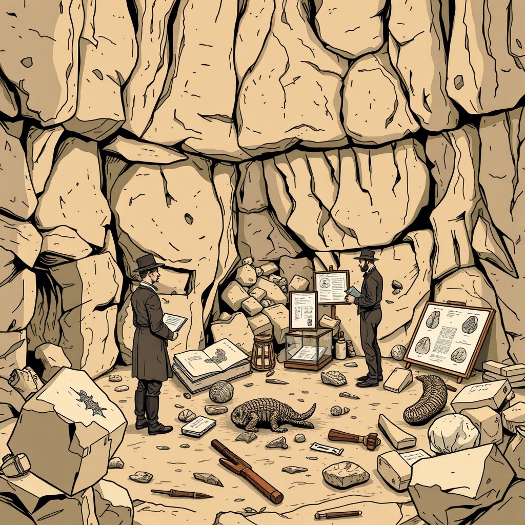 Plate I — A wide view of the Society's working space: oak-and-glass display cabinets bear specimen drawers labeled in copperplate hand; a long worktable holds half-prepared slabs, brass calipers, and a lamp turned low; through the tall windows, the West Limestone Quarry shows its pale exposed strata against an October sky.