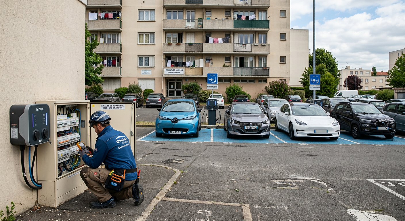 Borne de recharge électrique IRVE installée dans un parking de logements sociaux avec un technicien vérifiant un tableau électrique.