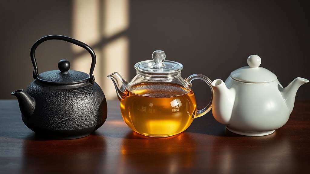 Comparaison de théières en fonte, en verre et en porcelaine posées sur une table en bois