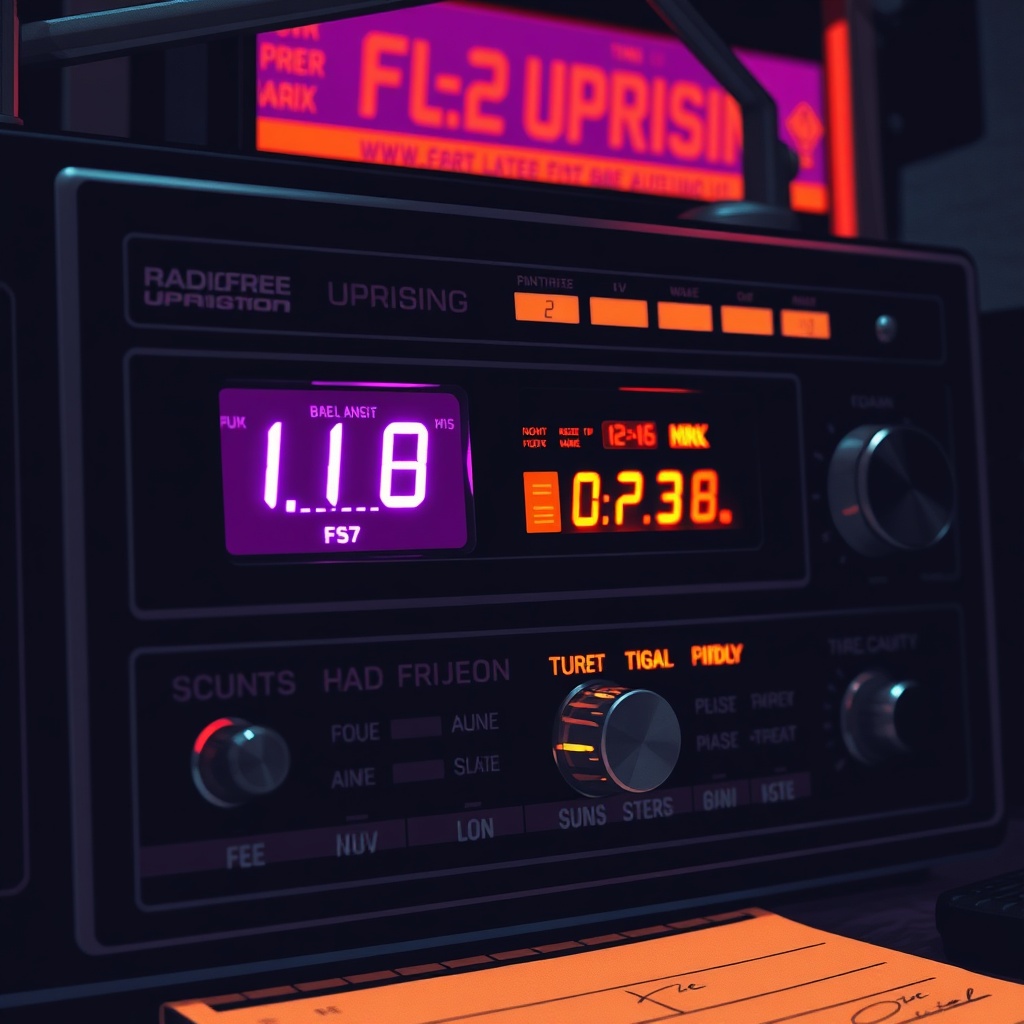 Close-up of a warmly glowing tube-amplifier transmitter rig with hand-lettered frequency labels taped to the chassis.