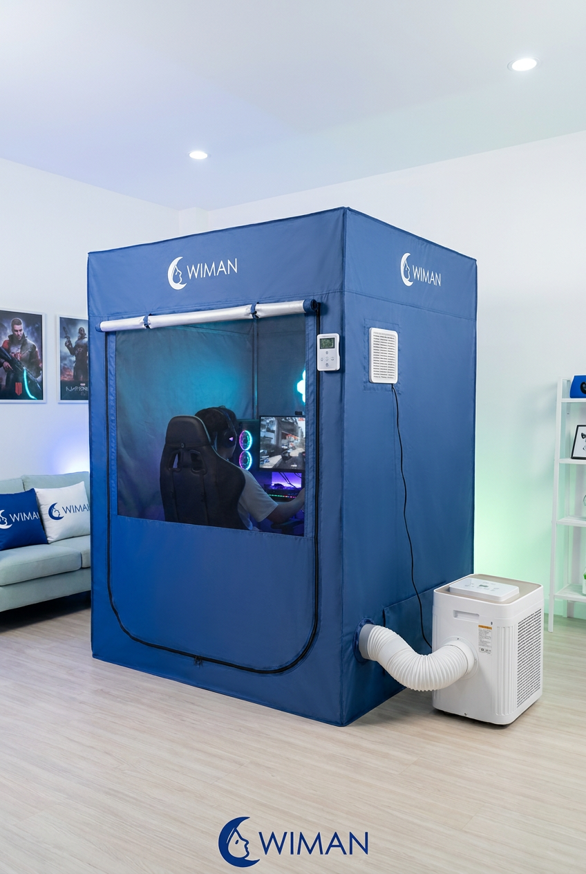 ชุดแอร์เคลื่อนที่ WIMAN 12000 BTU พร้อมมุ้งแอร์สีฟ้าสำหรับเล่นเกม