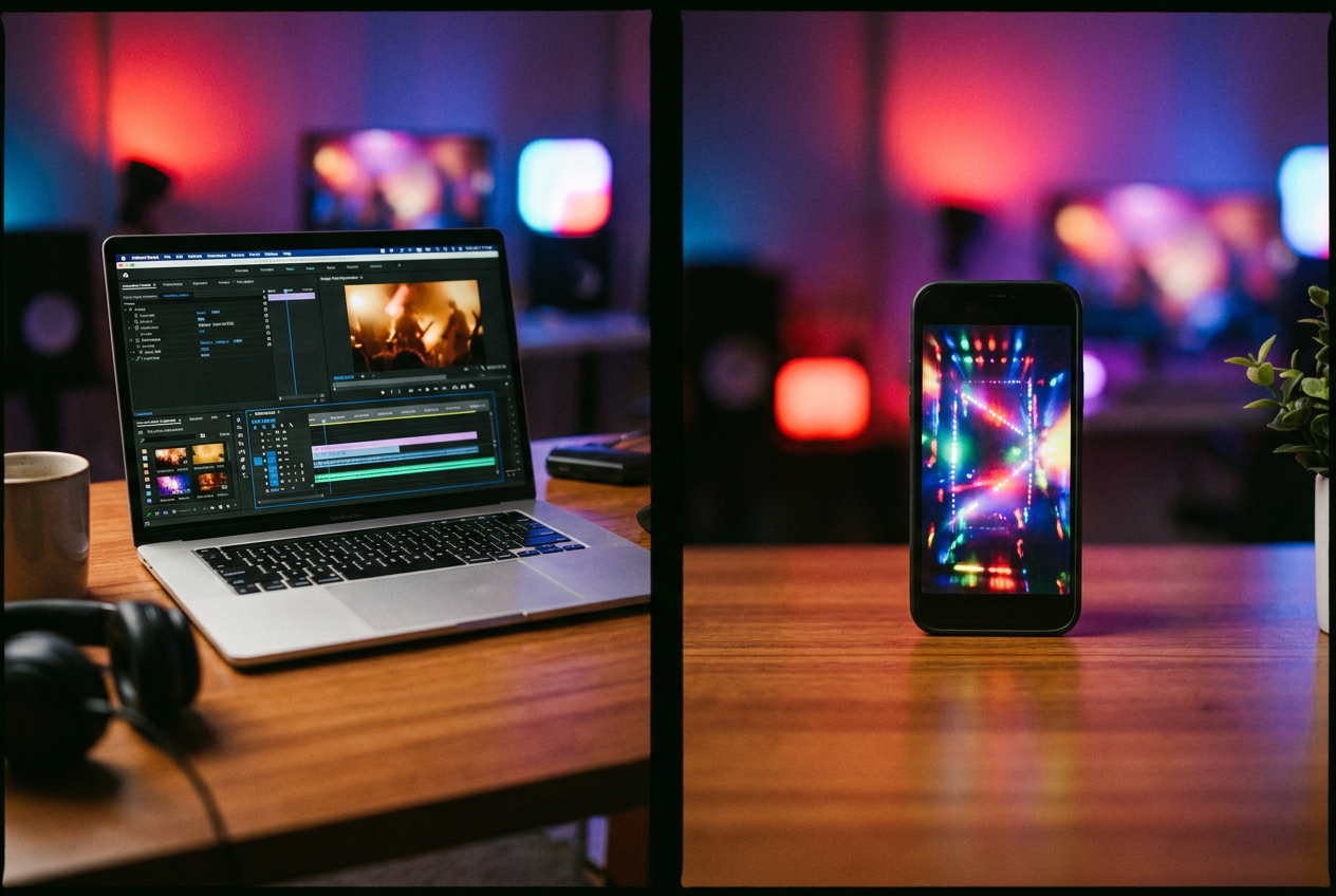 A split-screen comparison showing a laptop with Google Vids interface on the left side and a phone displaying TikTok with a music video on the right side, both sitting on a wooden desk with colorful studio lights in the background