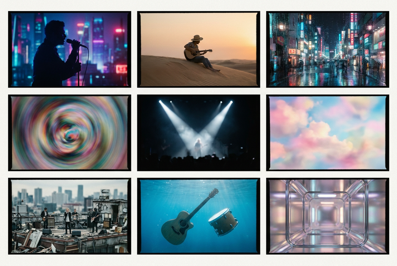 A grid of nine different AI-generated music video screenshots showing diverse genres and visual styles, from neon-lit cyberpunk cityscapes to warm golden-hour desert landscapes to dark moody rain-soaked streets, each frame showing different musical performance scenes
