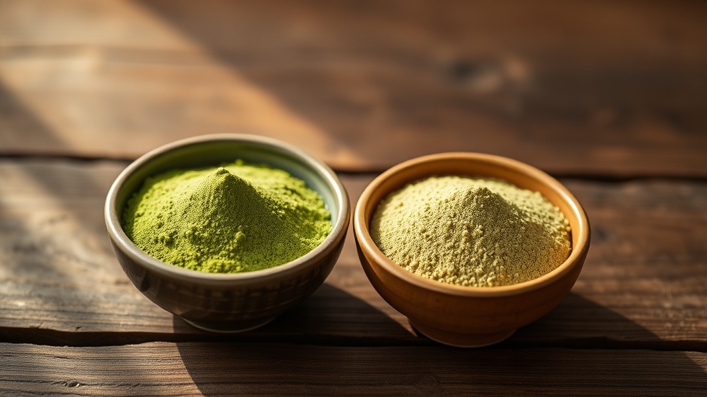 Comparaison entre un matcha vert vif de qualité cérémoniale et un matcha terne de mauvaise qualité