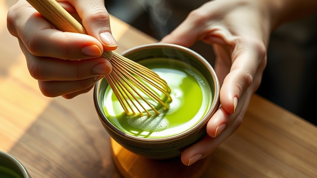 Préparation du matcha avec un chasen en bambou, mouvement en zigzag pour faire mousser la poudre