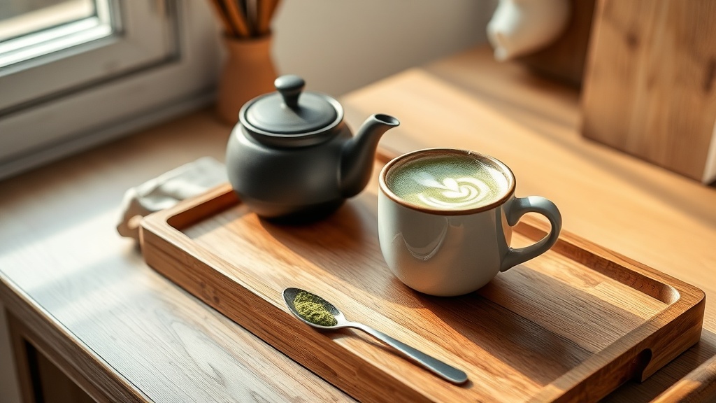 Matcha latte maison dans un mug en céramique posé sur un plateau en bois, avec une théière en fonte