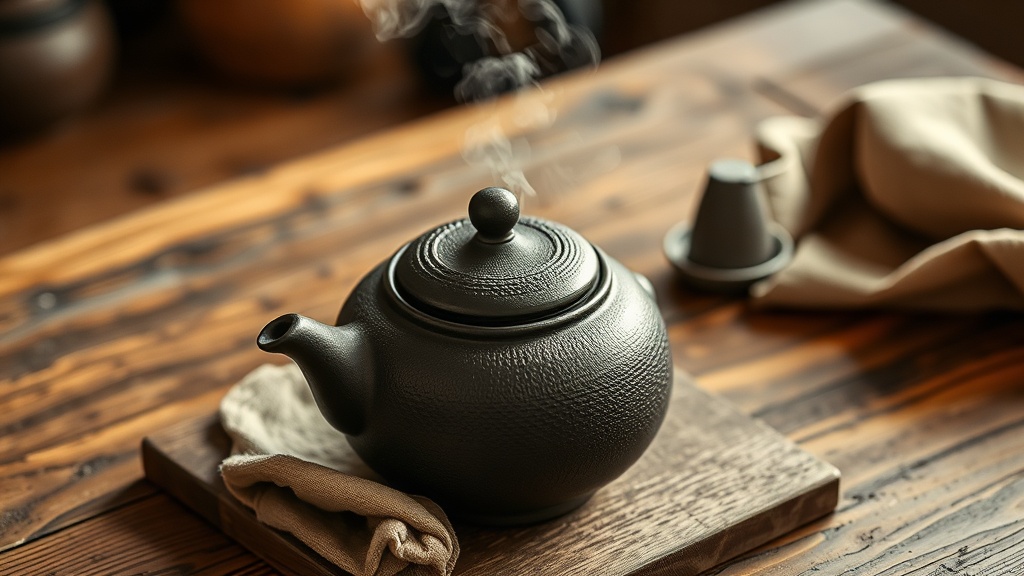 Théière en fonte japonaise préchauffée avec un filet d'eau chaude, vapeur qui s'échappe du couvercle ouvert