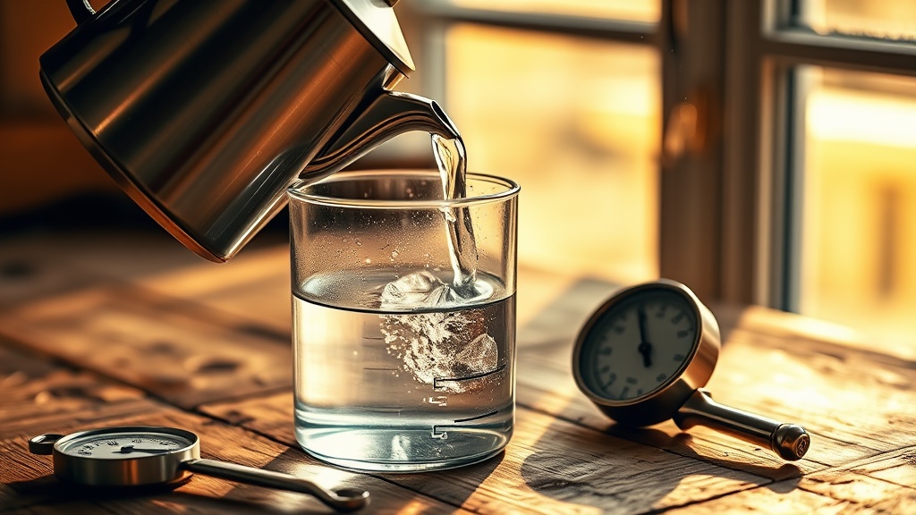 Eau chaude versée dans un pichet en verre avec un thermomètre de cuisine posé à côté