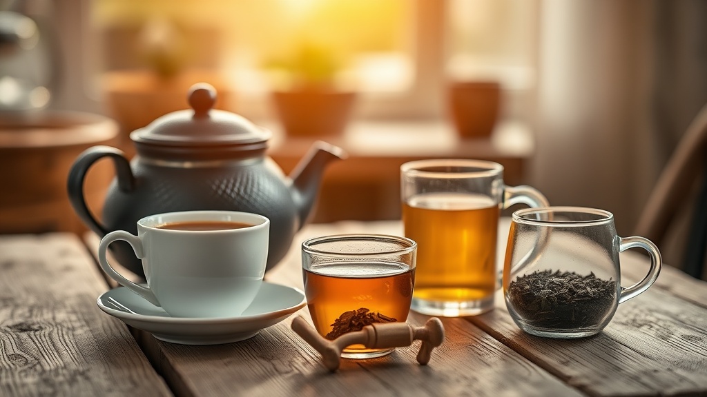 Différents contenants pour préparer le thé : théière en fonte, tasse en porcelaine et mug en verre posés ensemble sur une table en bois