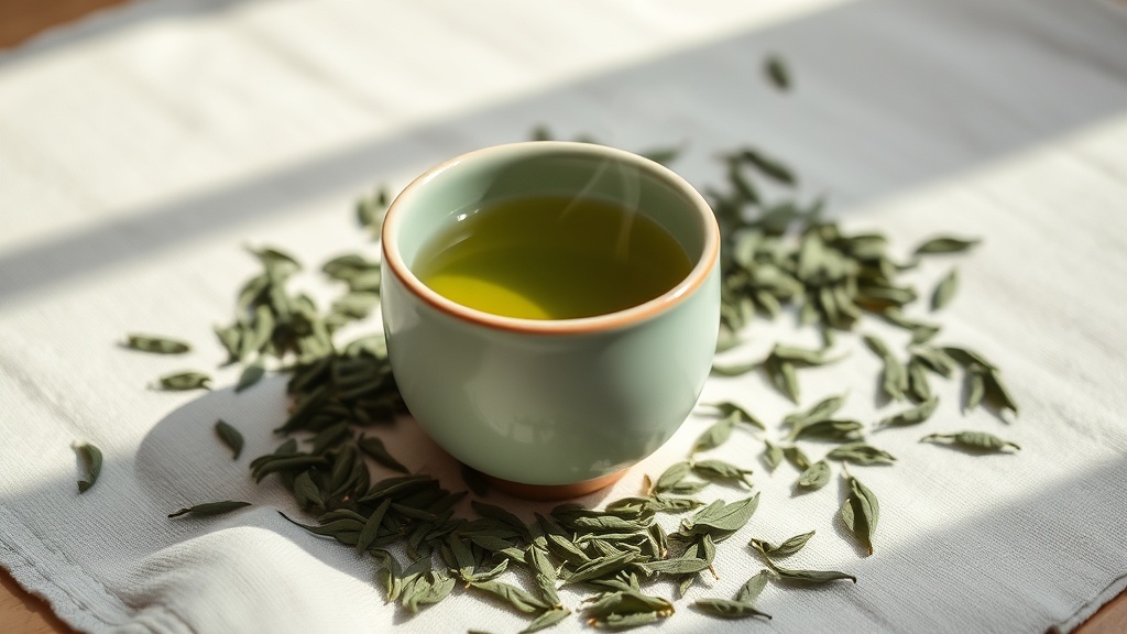 Tasse de thé vert japonais sencha fraîchement infusé avec feuilles sèches autour