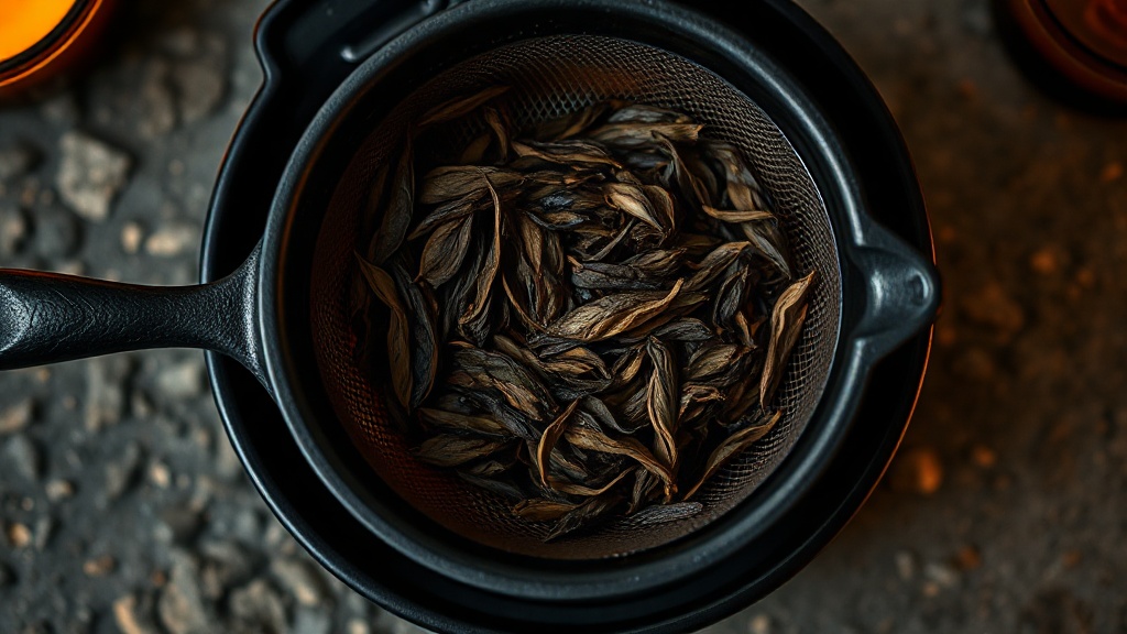 Feuilles de thé humides après une première infusion dans un filtre de théière en fonte