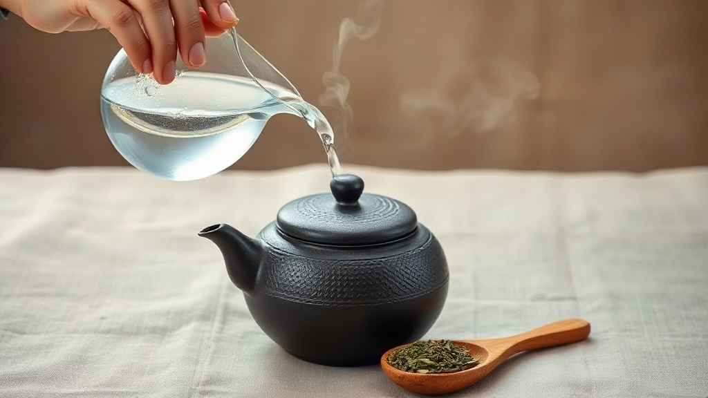 Préchauffage d'une théière en fonte japonaise avec de l'eau chaude avant d'ajouter les feuilles de thé en vrac