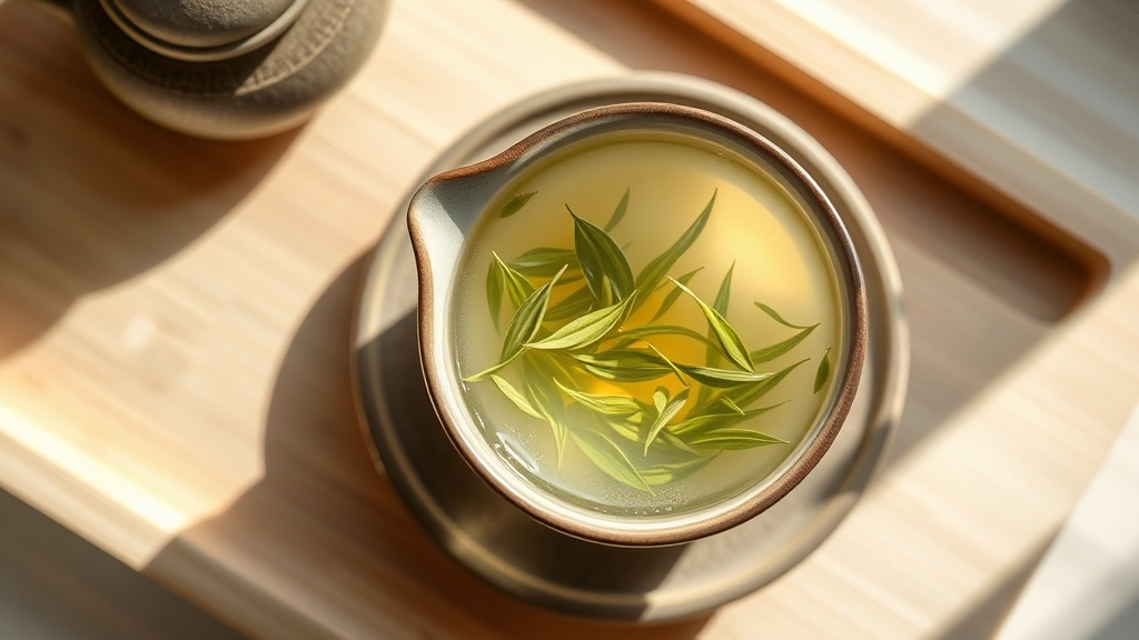 Feuilles de thé vert japonais qui s'ouvrent doucement dans une théière en céramique avec une eau à basse température