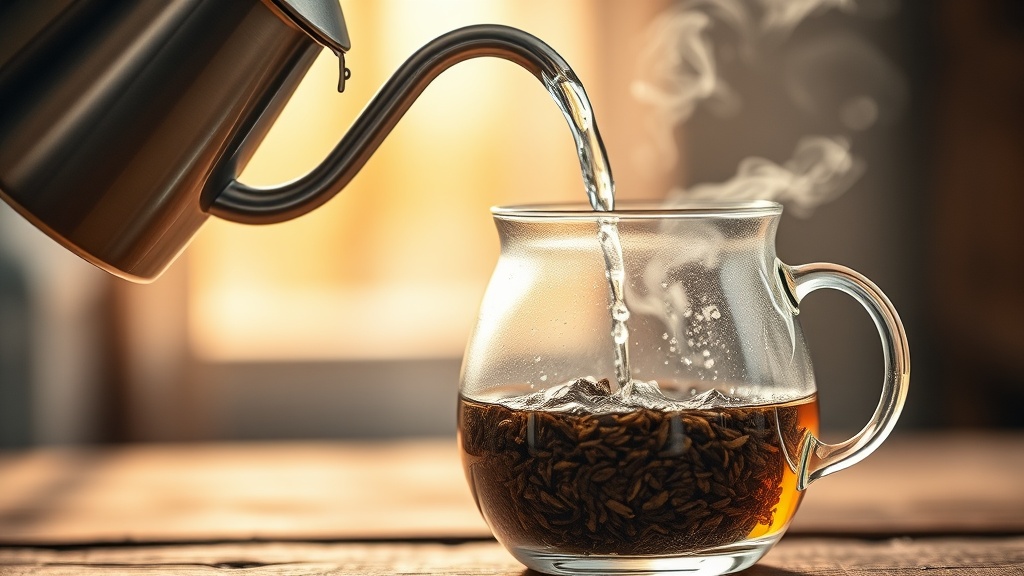 Eau chaude versée sur des feuilles de thé en vrac dans une théière en verre