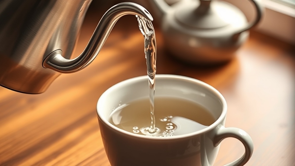 Eau versée délicatement depuis une bouilloire à col de cygne dans une tasse de thé, vapeur légère visible