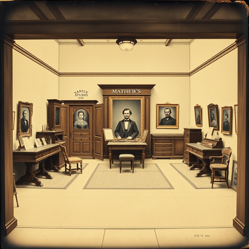 Wide view of Mathew's portrait studio: large-format camera on tripod, daylight window, mahogany sitting chair, headrest stand, framed silvered plates upon the wall.