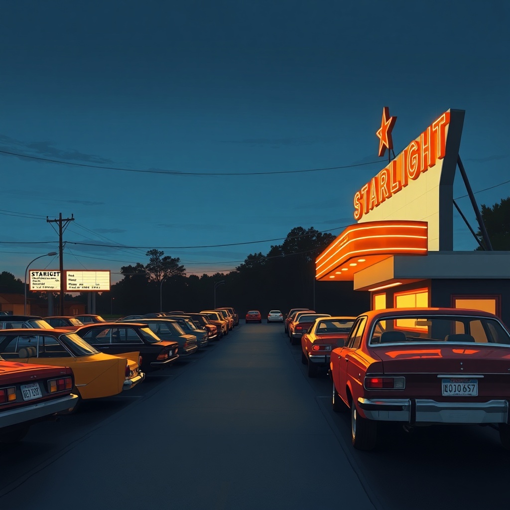 The Starlight Drive-In at dusk, marquee glowing against a deepening blue sky, cars arriving in the gravel lot.