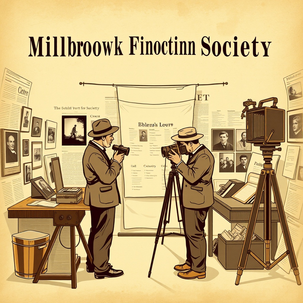 Engraved bulletin illustration: the founding members of the Millbrook Photography Society gathered behind Halloran's Hardware with cameras, tripods, and a kerosene lamp, June 1888