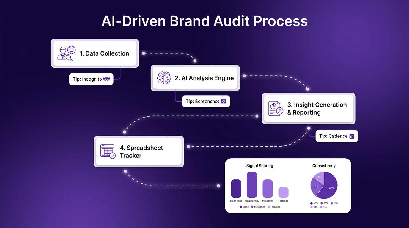 Sleek infographic with white UI cards on a purple gradient background, illustrating an AI-driven brand audit process with charts and icons.