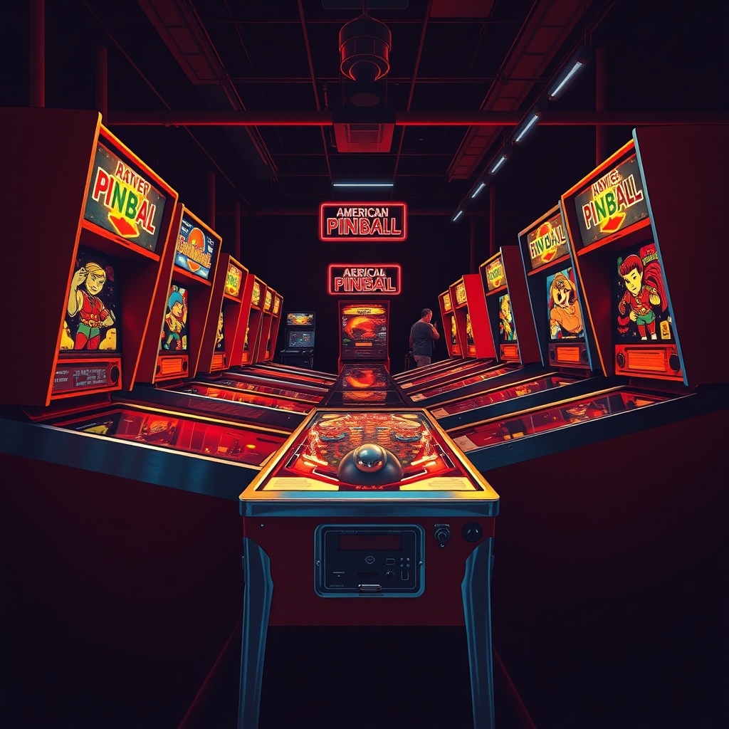 Illustration of a crowded regional pinball tournament hall, 1974, banks of cabinets glowing red and orange against navy walls