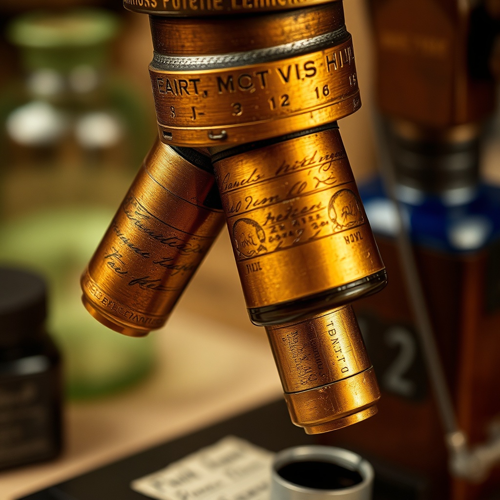 Close-up illustration of a brass-tube microscope on a walnut stand with prepared specimen slides arranged beside it.