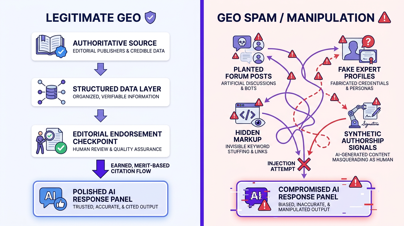 Legitimate GEO versus manipulate AI Overviews spam tactics diagram