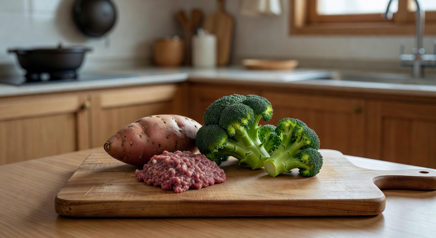 baby food ingredients including sweet potato, broccoli, and minced beef on a wooden cutting board in a home kitchen